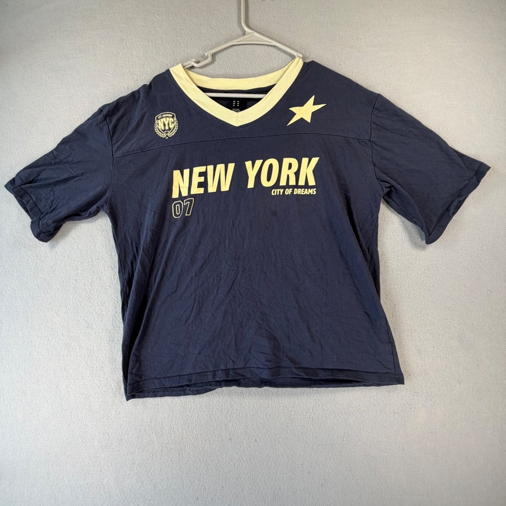 Streetwear Society Women's M Navy New York Graphic V Neck Ringer Tee Y2K Sporty